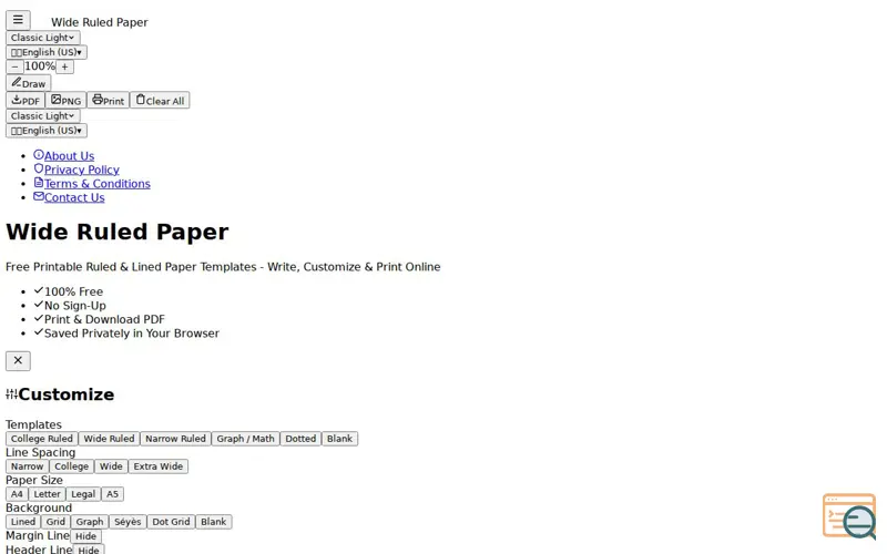 Screenshot of Wide Ruled Paper
