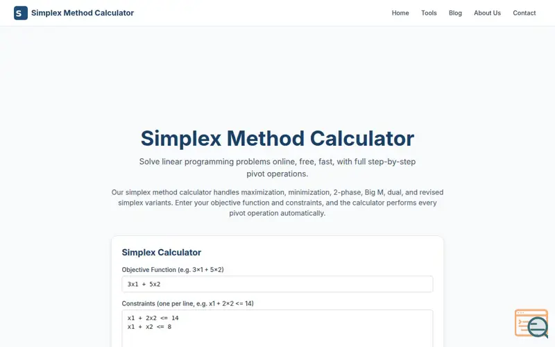 Screenshot of Simplex Method Calculator