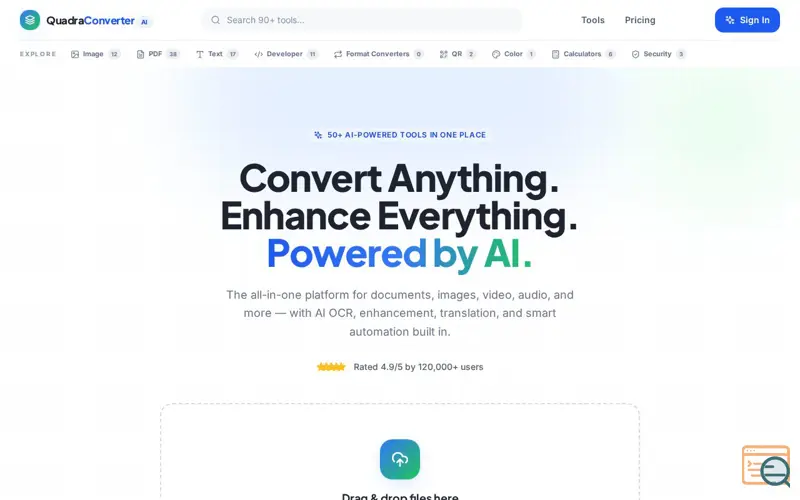 Screenshot of QuadraConverter AI — Convert Anything. Enhance Everything.