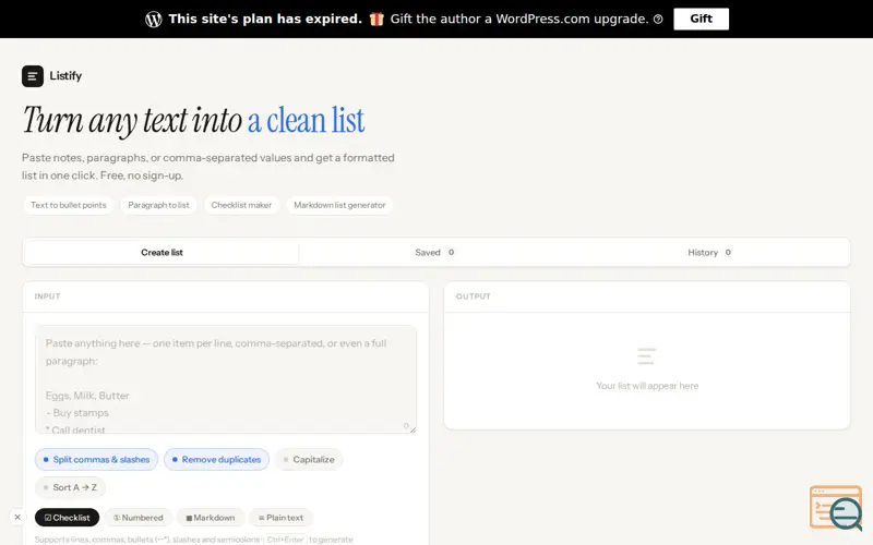 Screenshot of listifytext, a launch using BidSwitch