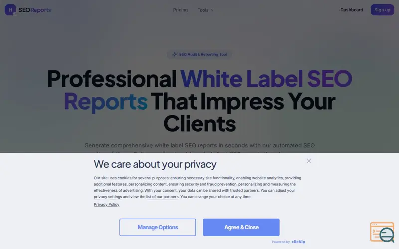 Screenshot of HappySEOReports, a launch using Clickio