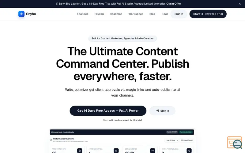 Screenshot of Snyho: AI Content Command Center