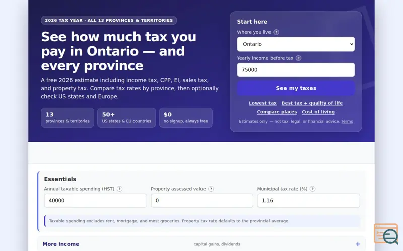 Screenshot of Canadian Tax Calculator