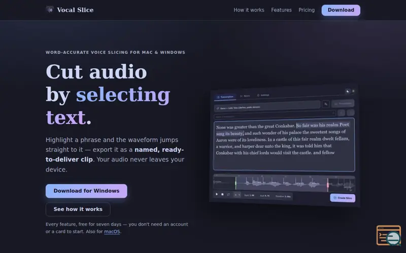 Screenshot of Vocal Slice — cut audio by selecting text