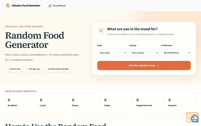 Screenshot of Random Food Generator – Pick What to Eat Instantly