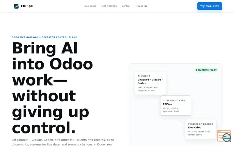 Screenshot of ERPipe — Connect AI Agents to Live Odoo (MCP Gateway)