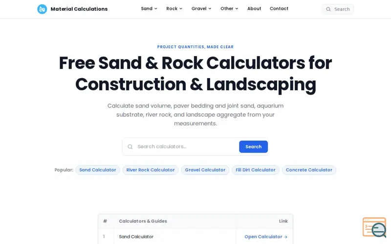 Screenshot of Free Sand Calculators & Guides for Construction & Landscaping