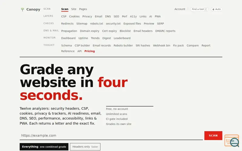 Screenshot of Canopy: grade your site's health in seconds