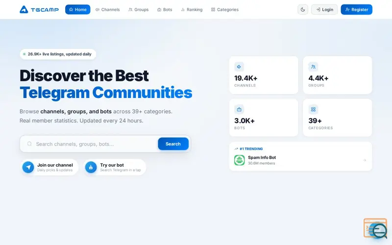 Screenshot of TGCamp — Discover the Best Telegram Channels, Groups & Bots