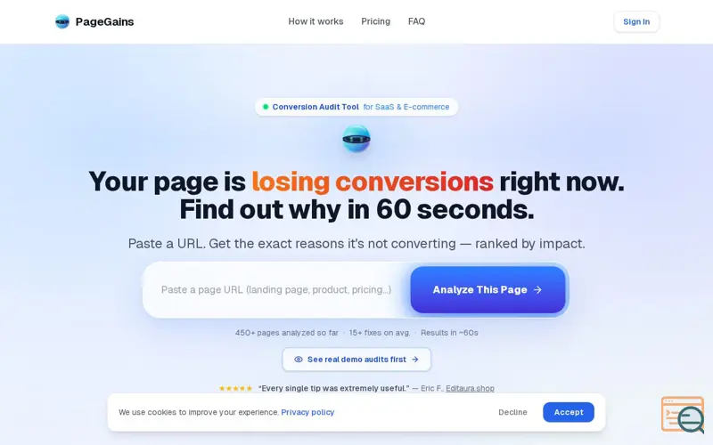Screenshot of PageGains
