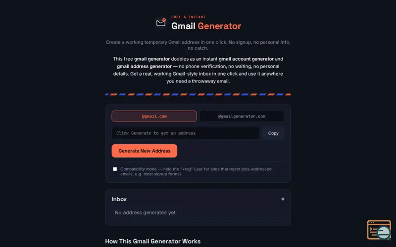 Screenshot of Gmail Generator – Free Temporary & Disposable Gmail Address, No Signup