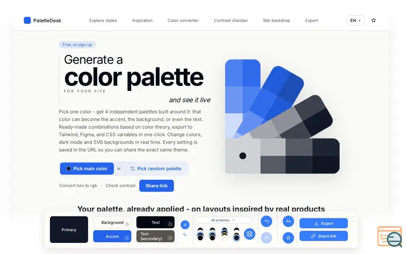 Screenshot of Color Palette Generator Online | PaletteDesk, a launch using Vike