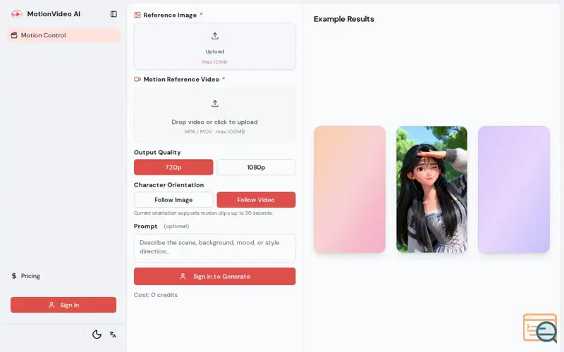 Screenshot of Motion Control AI