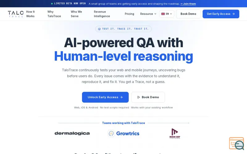 Screenshot of AI-Powered QA with Human-Level Reasoning — Talotrace