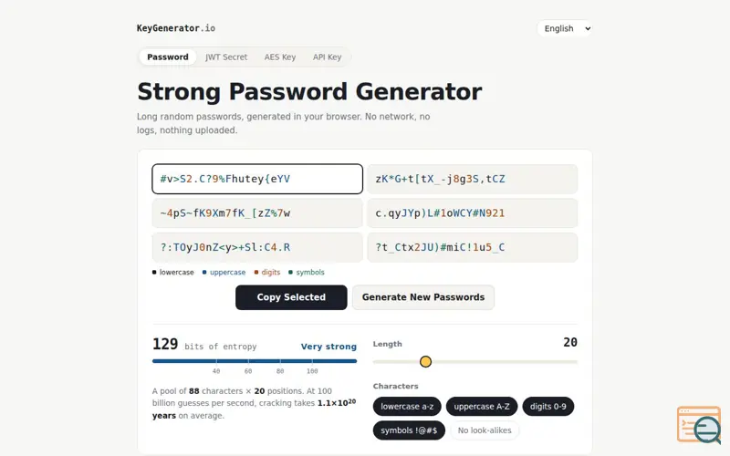 Screenshot of Strong Password & Key Generator Online | KeyGenerator.io