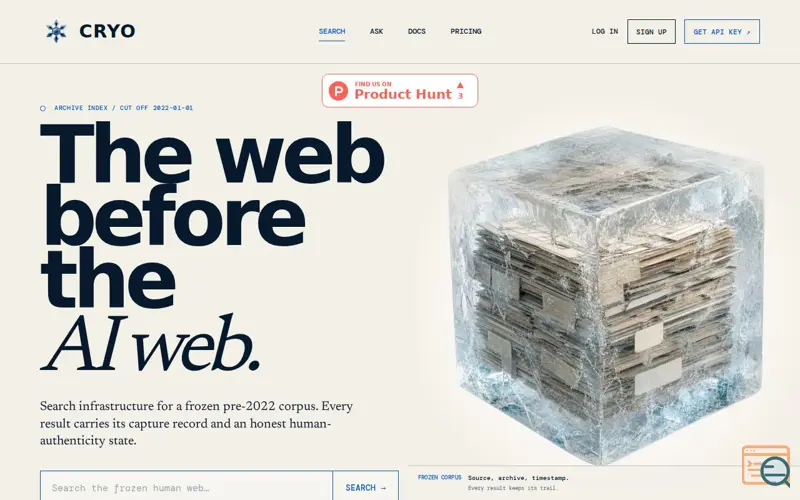 Screenshot of CRYO — The web before the AI web.