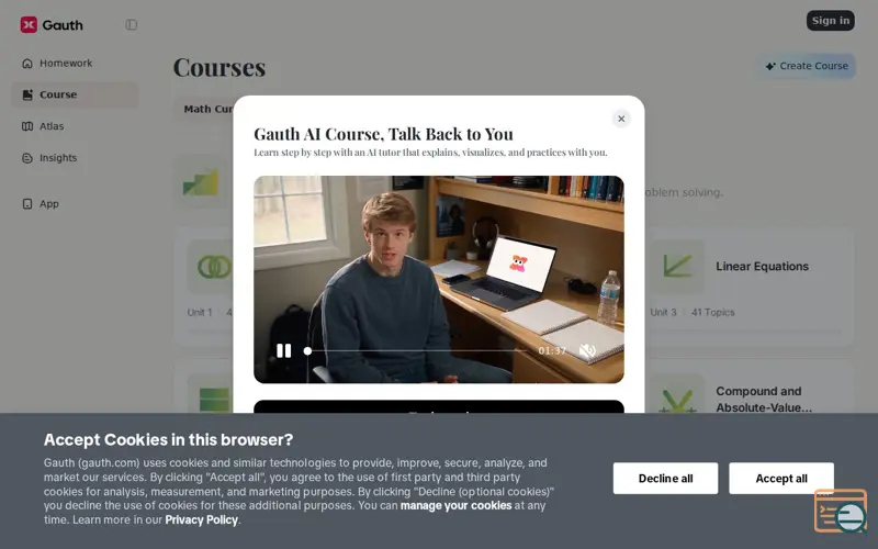 Screenshot of Gauth AI Course, a launch using Akamai