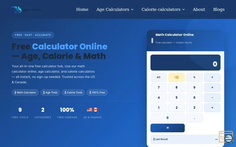Screenshot of ageandcalorie.com