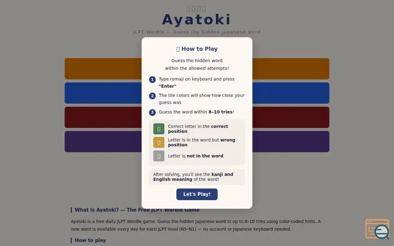 Screenshot of Japanese Wordle | Ayatoki