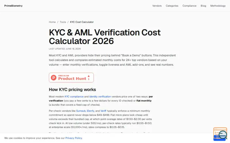 Screenshot of KYC Cost Calculator by PrimeBiometry