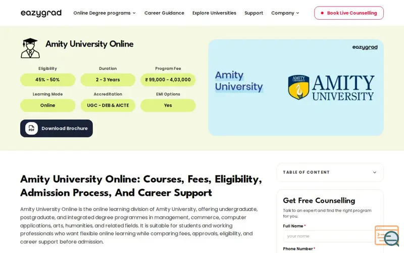 Screenshot of Amity University Online