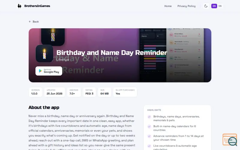 Screenshot of Birthday and Name Day Reminder