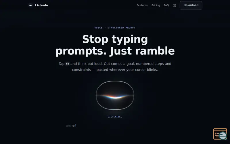 Screenshot of ListenIn — Tap fn to talk, tap again for clean text on your Mac