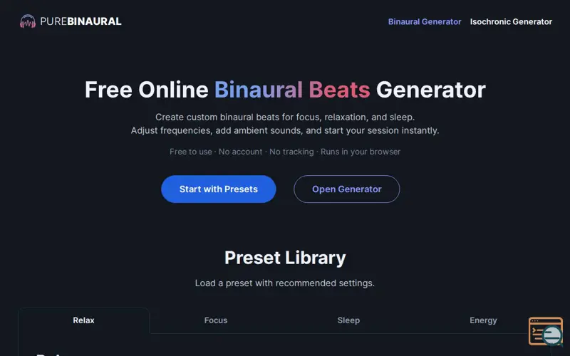 Screenshot of PureBinaural, a launch using PicoCSS