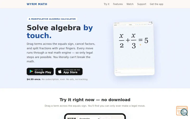 Screenshot of Wyrm Math — solve algebra by touch