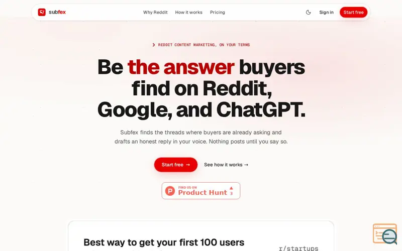Screenshot of Subfex: Be the answer buyers find on Reddit