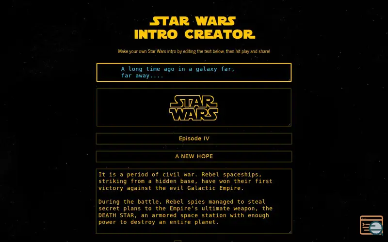 Screenshot of Star Wars Intro Creator