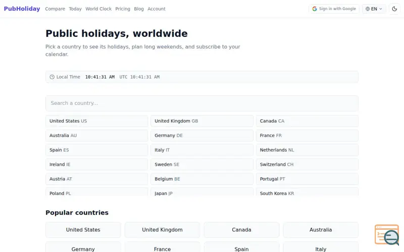 Screenshot of Public Holidays