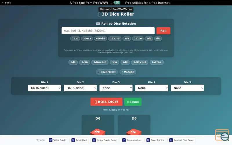 Screenshot of Dice Rolling Tool