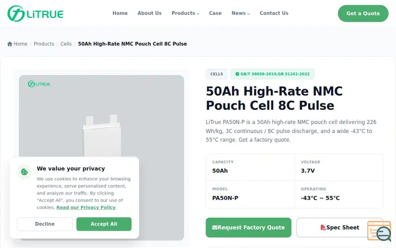 Screenshot of 50Ah High-Rate Cells