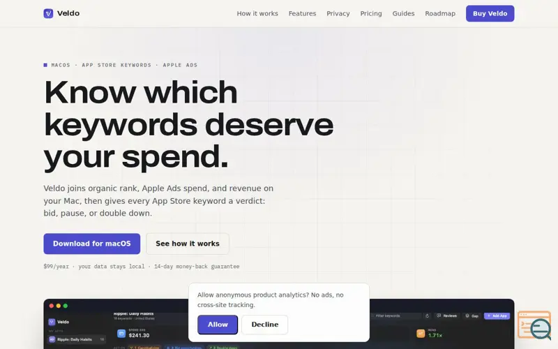 Screenshot of Veldo - App Store keyword decisions for indie developers