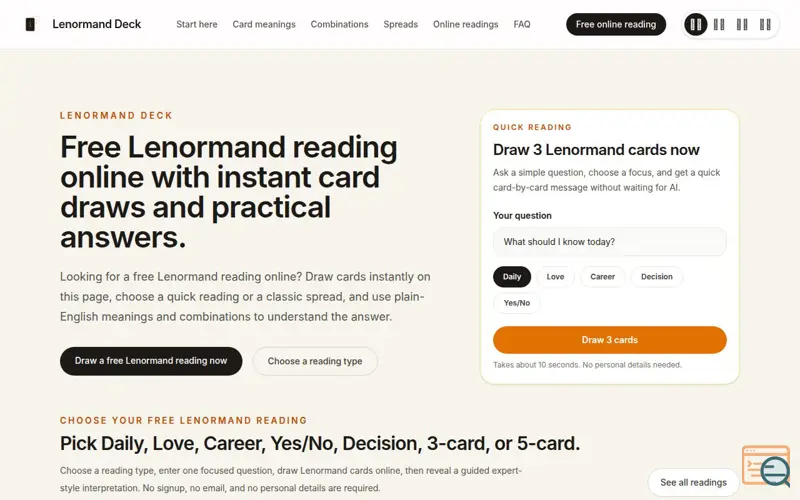 Screenshot of Free Lenormand Reading Online