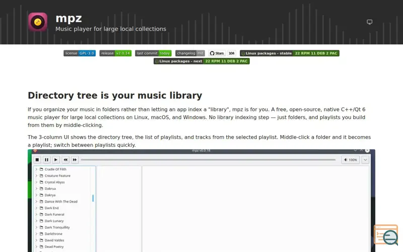 Screenshot of mpz - music player for local collections