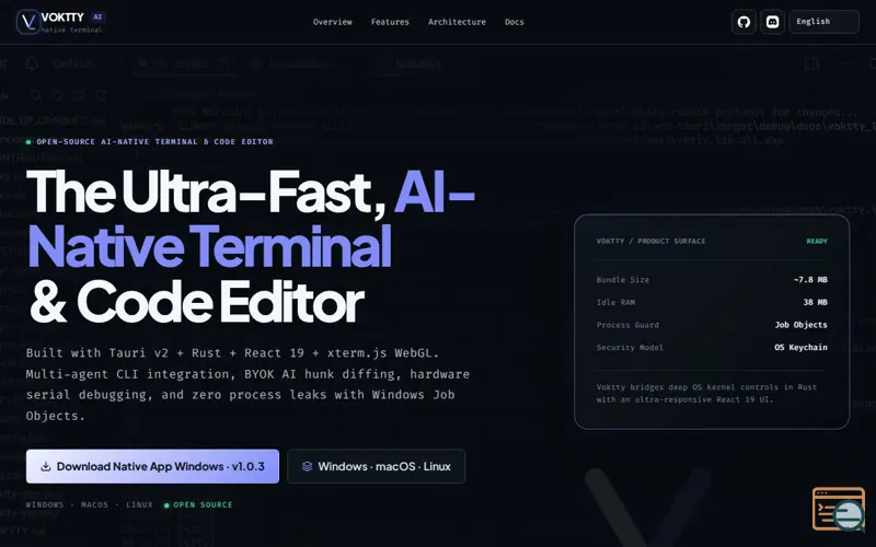 Screenshot of Voktty — Open-Source AI-Native Terminal Emulator & Lightweight Code Editor