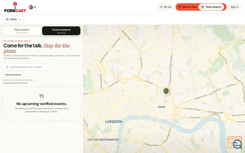 Screenshot of Forkcast · London events worth leaving the house for