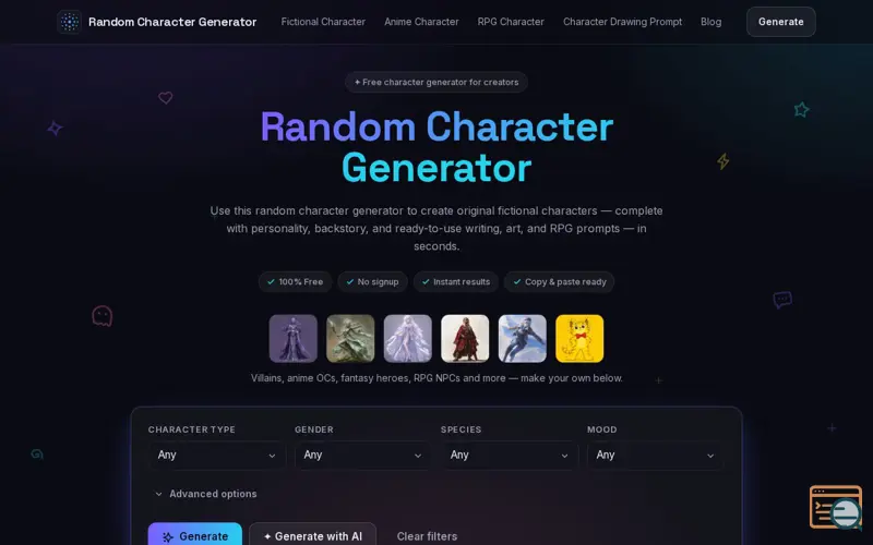 Screenshot of Random Character Generator