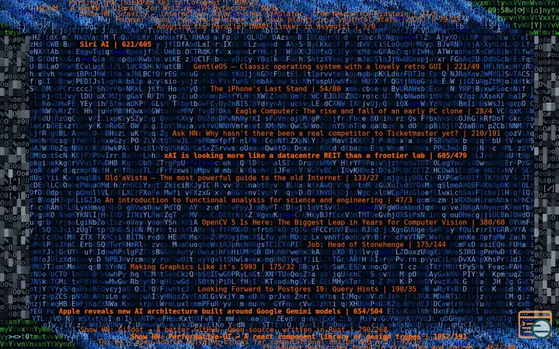 Screenshot of ASCII Hacker News waterfall
