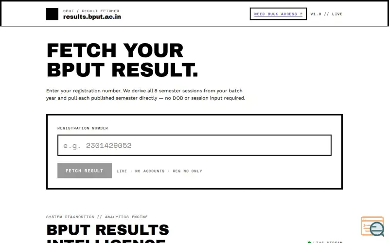 Screenshot of BPUT Result Fetcher — SGPA in seconds