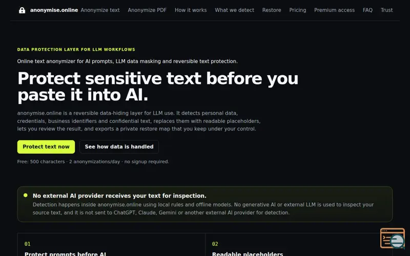 Screenshot of Text Anonymizer for AI Prompts and Sensitive Data | anonymise.online