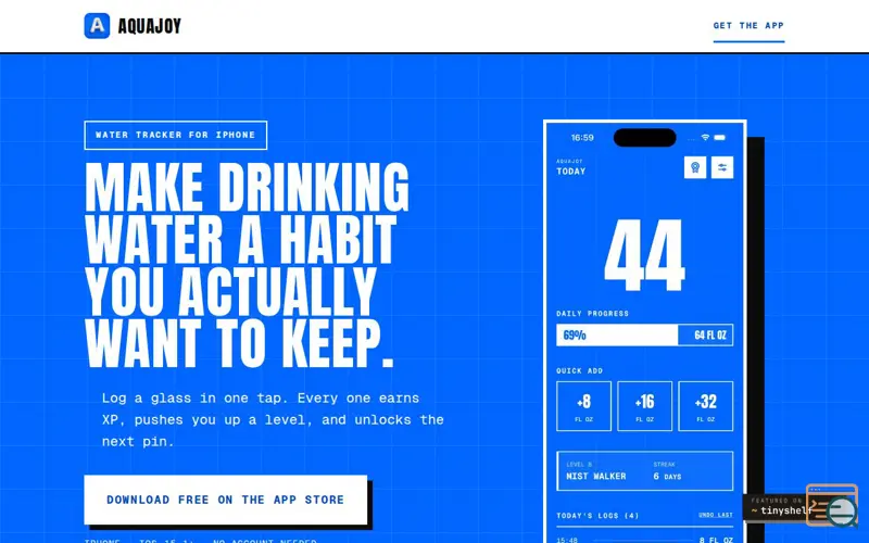 Screenshot of AquaJoy — Water Tracker & Hydration App for iPhone, a launch using TinyShelf