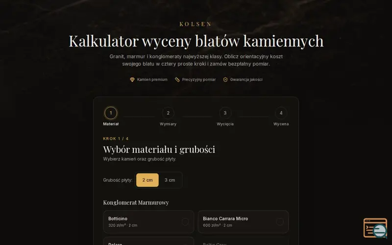 Screenshot of Kalkulator wyceny blatów kamiennych