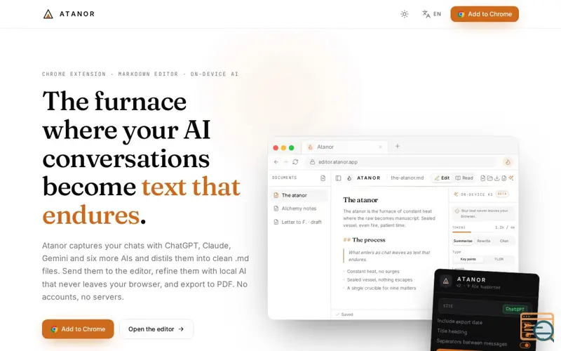 Screenshot of Atanor — Convertí tus charlas con IA en Markdown