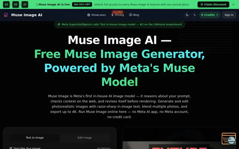 Screenshot of Muse Image AI — Free Meta Muse Image Generator & Editor