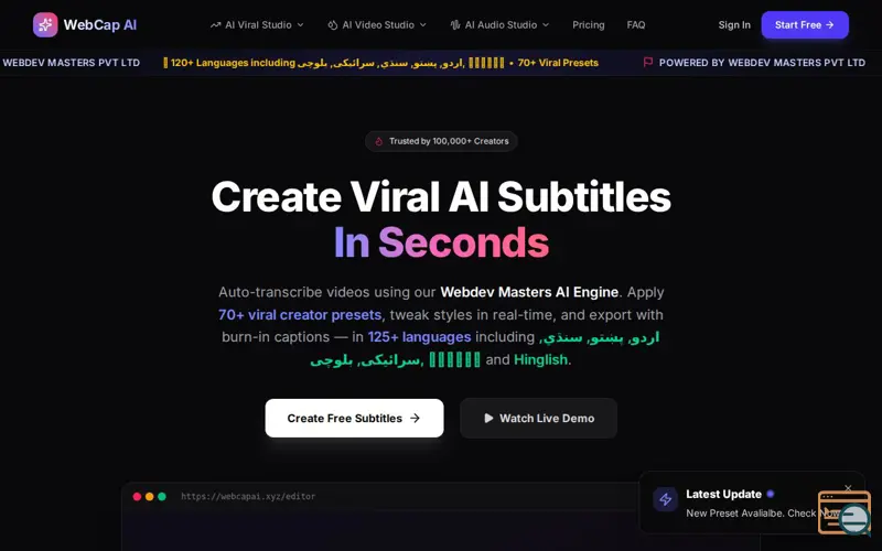 Screenshot of WebCap AI — Create Viral AI Subtitles & Captions Online for Free