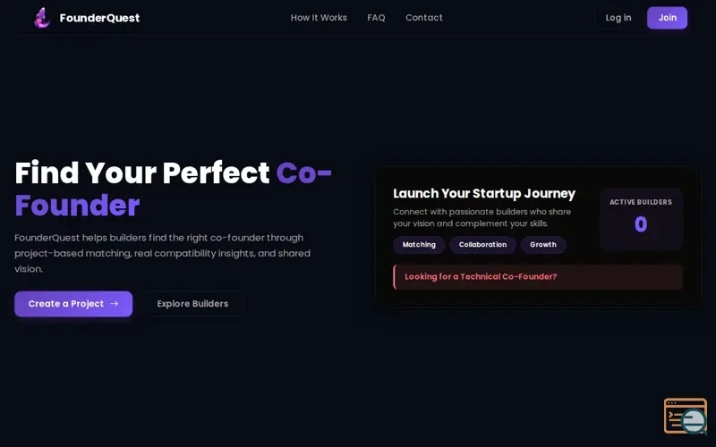 Screenshot of FounderQuest - Tinder-style platform