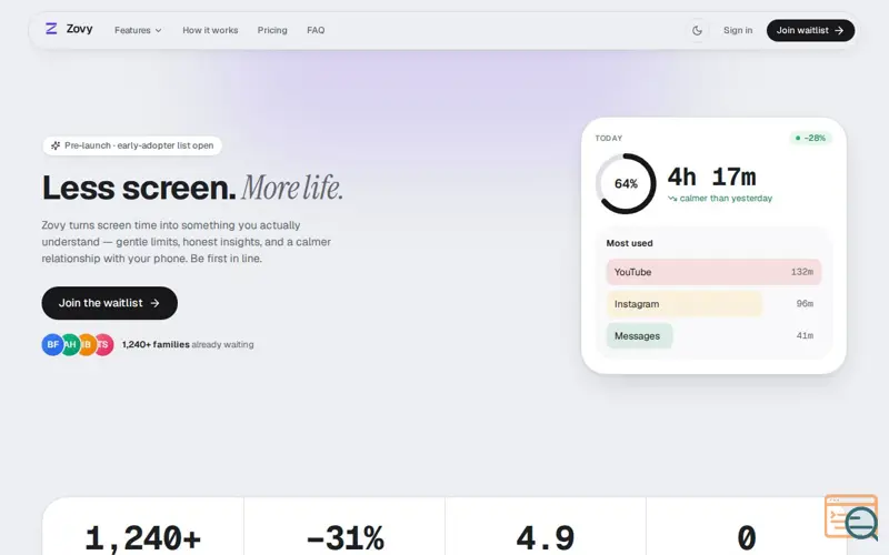 Screenshot of Zovy — Less screen, more life.